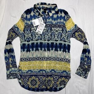 New With Tags Desigual L/S Shirt Women’s Med Blue Yellow Cream Button Up